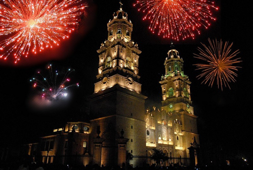 Morelia cathedral with fireworks